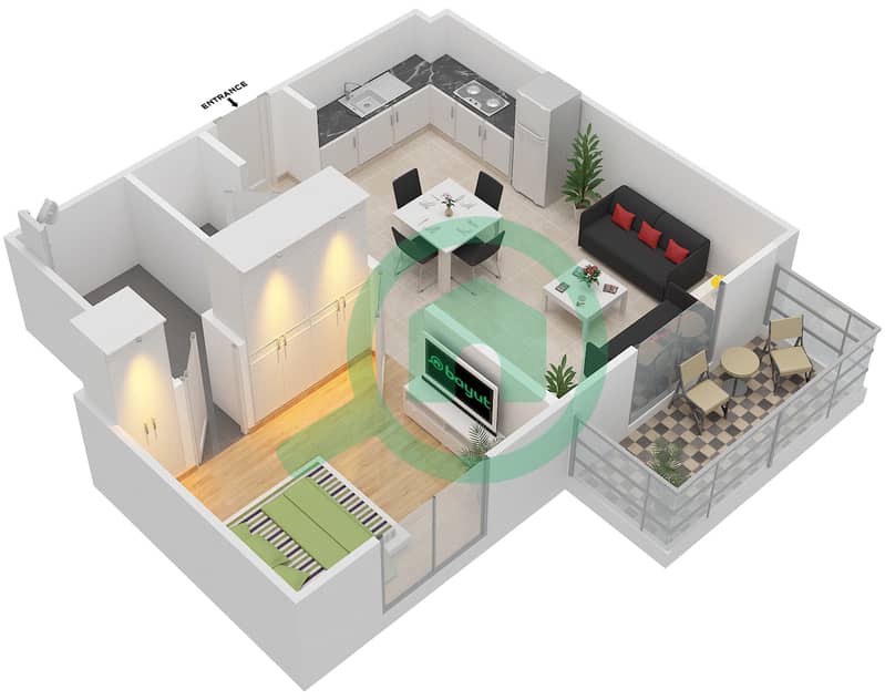 Ремраам - Апартамент 1 Спальня планировка Тип 6B Floor 2-6 interactive3D