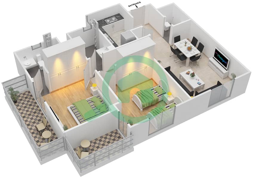 雷姆拉姆社区 - 2 卧室公寓类型1戶型图 Floor 3 interactive3D