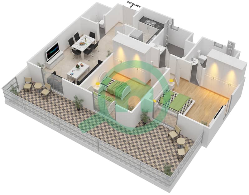 المخططات الطابقية لتصميم النموذج 2 شقة 2 غرفة نوم - رمرام Ground Floor interactive3D