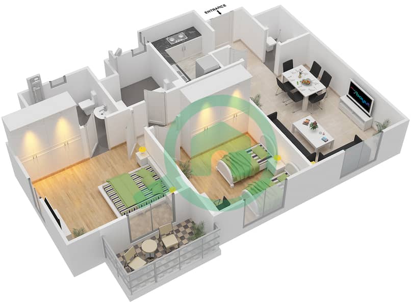 Remraam - 2 Bedroom Apartment Type 3 Floor plan interactive3D