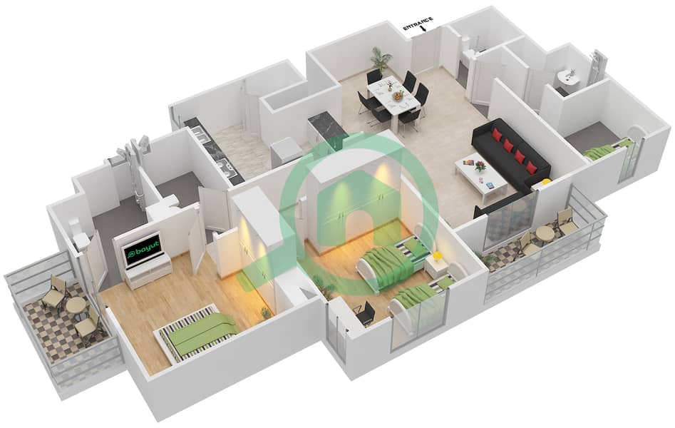 雷姆拉姆社区 - 2 卧室公寓类型1 + MAID ROOM戶型图 Floor 5-6 interactive3D