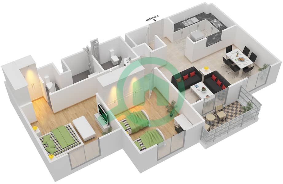 Remraam - 2 Bedroom Apartment Type 4 Floor plan Floor 4-6 interactive3D