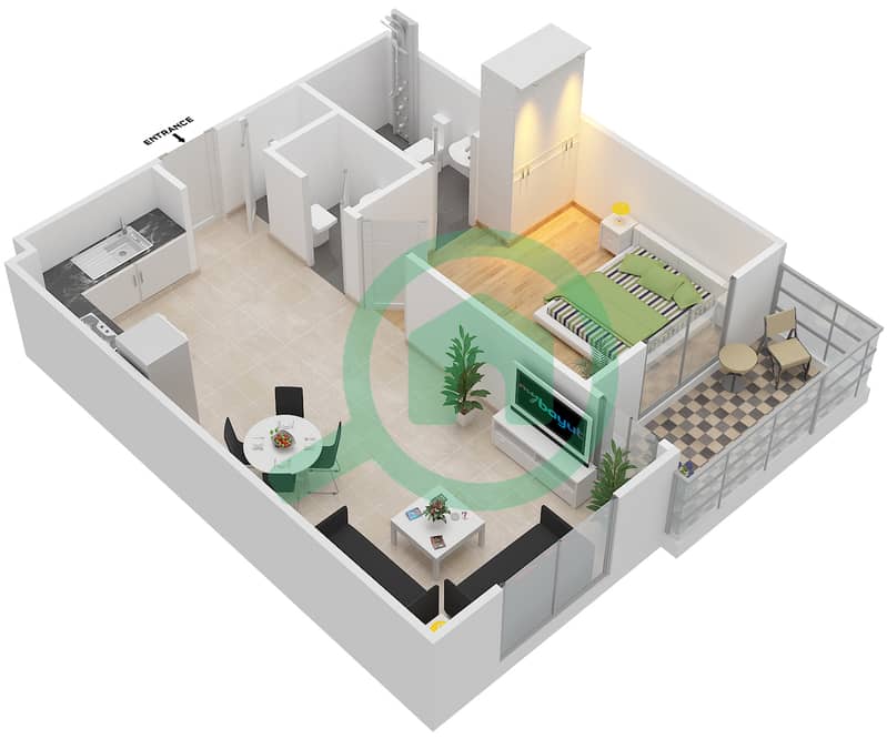 Remraam - 1 Bedroom Apartment Type 4 Floor plan Floor 1-3 interactive3D