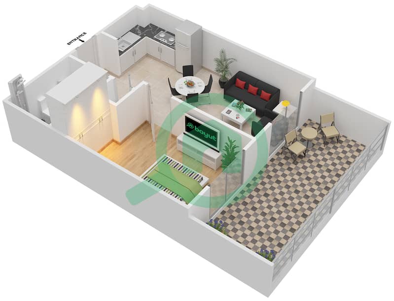 Remraam - 1 Bedroom Apartment Type 3A Floor plan Ground Floor interactive3D