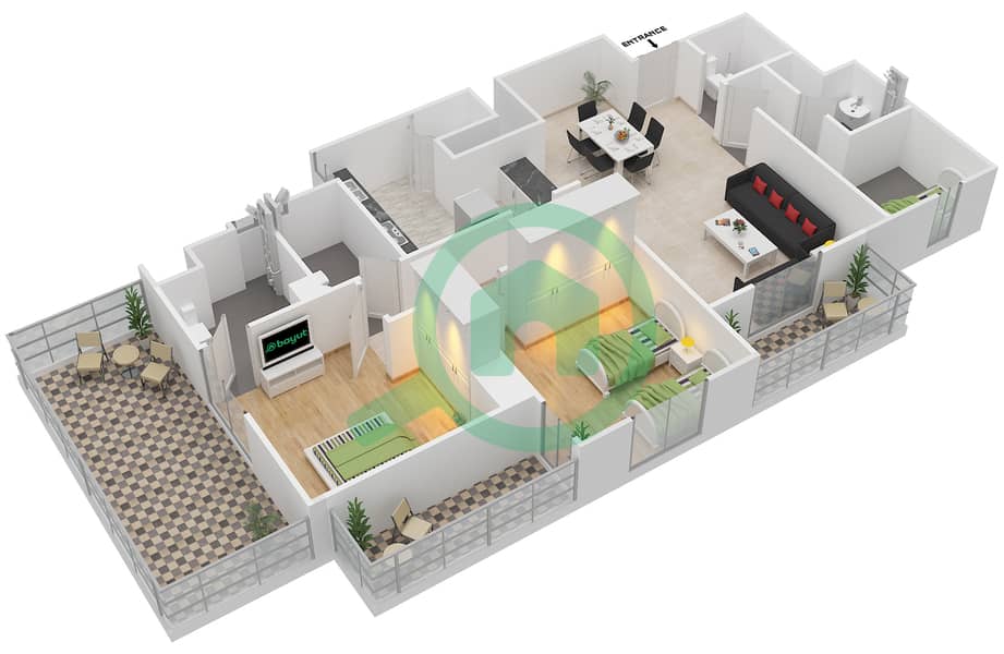 المخططات الطابقية لتصميم النموذج 1A شقة 2 غرفة نوم - رمرام Floor 4 interactive3D