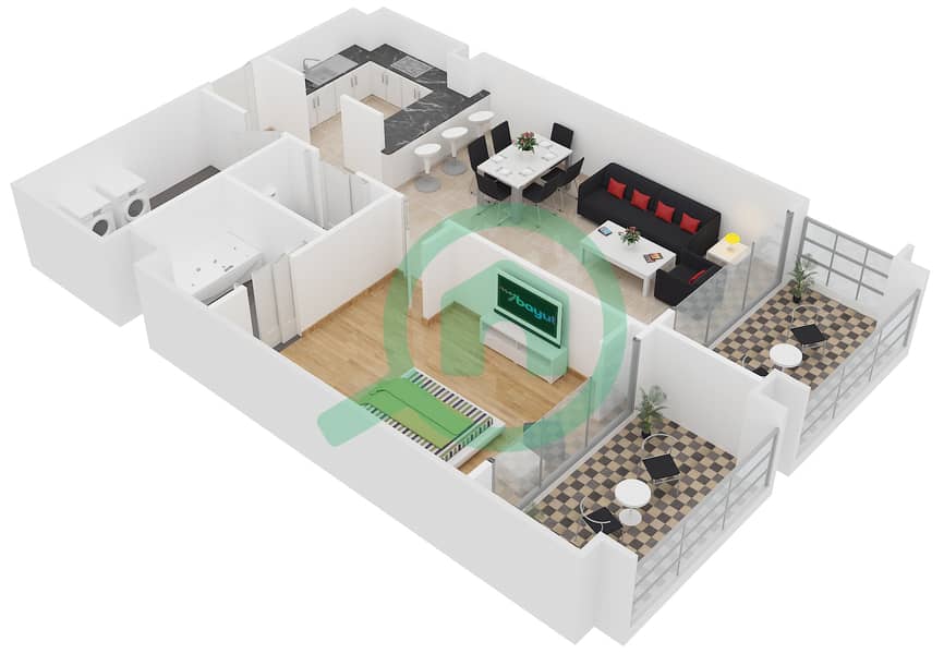 المخططات الطابقية لتصميم النموذج 2 شقة 1 غرفة نوم - حياتي ريزيدنس interactive3D