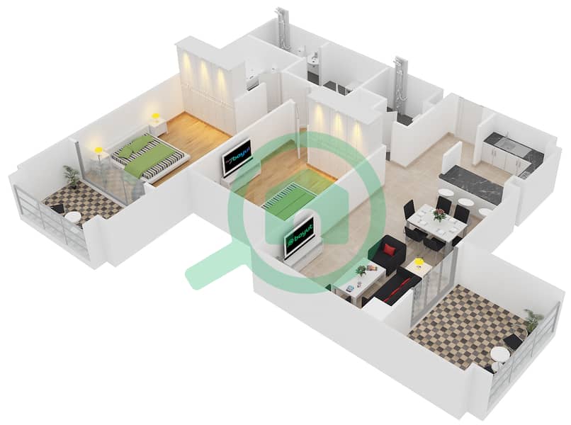 المخططات الطابقية لتصميم النموذج 3 شقة 2 غرفة نوم - حياتي ريزيدنس interactive3D