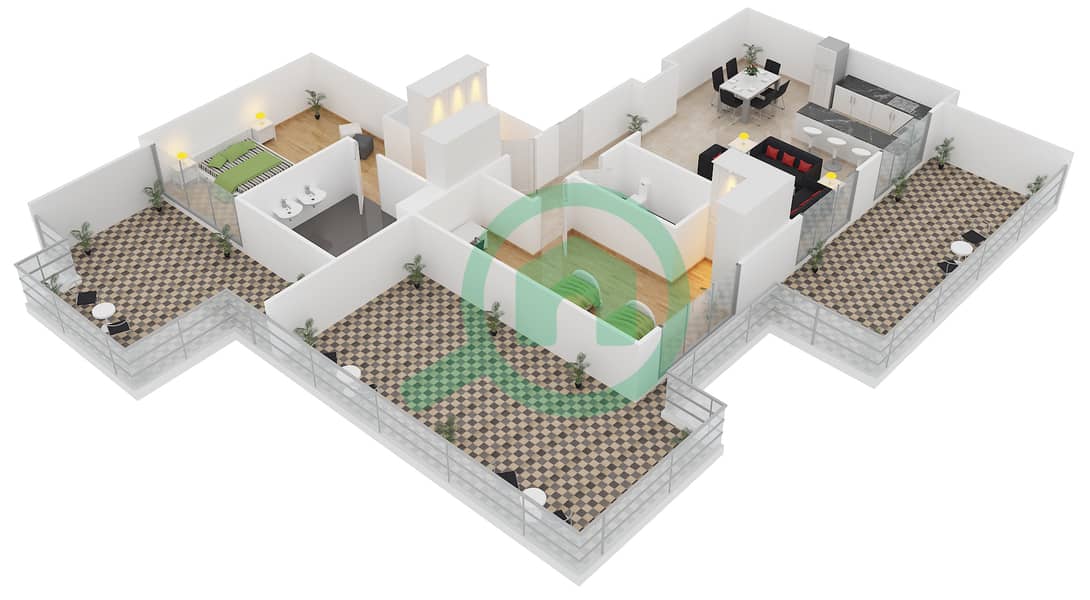 海亚提公寓 - 2 卧室公寓类型4戶型图 interactive3D