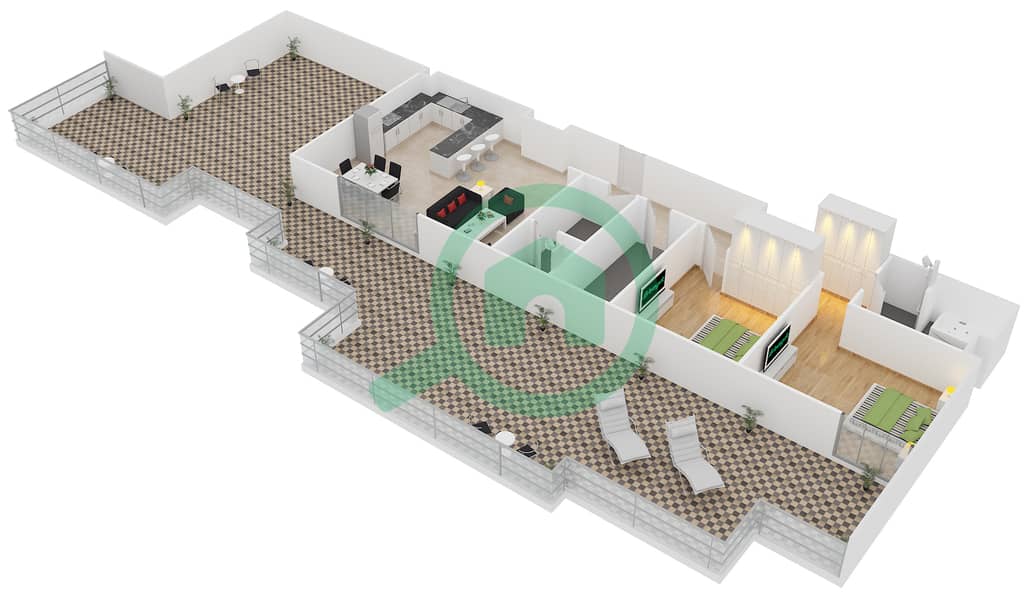 海亚提公寓 - 2 卧室公寓类型A-B戶型图 interactive3D