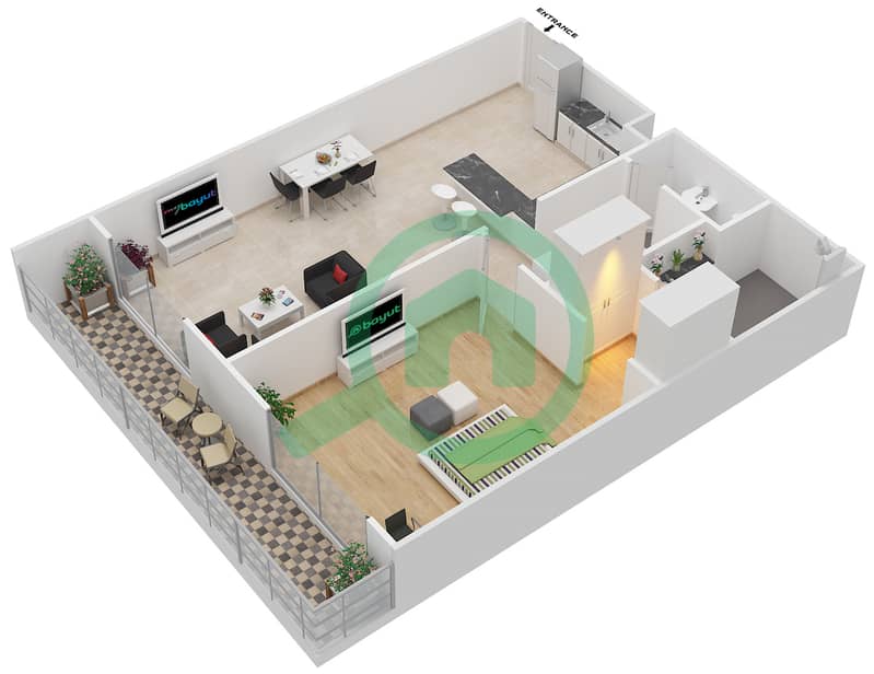المخططات الطابقية لتصميم الوحدة 204 شقة 1 غرفة نوم - فينسيتور بوليفارد interactive3D