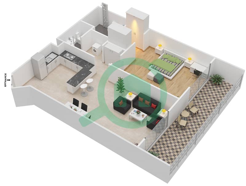 المخططات الطابقية لتصميم الوحدة 210 شقة 1 غرفة نوم - فينسيتور بوليفارد interactive3D