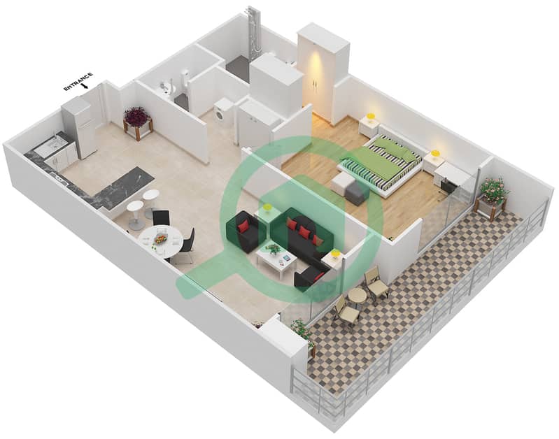 المخططات الطابقية لتصميم الوحدة 205 شقة 1 غرفة نوم - فينسيتور بوليفارد interactive3D