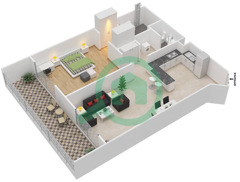 المخططات الطابقية لتصميم الوحدة 211 شقة 1 غرفة نوم - فينسيتور بوليفارد interactive3D