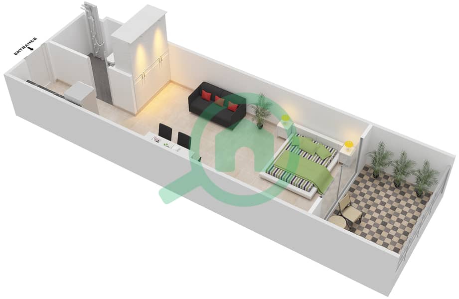 المخططات الطابقية لتصميم الوحدة 102 شقة استوديو - فينسيتور بوليفارد interactive3D