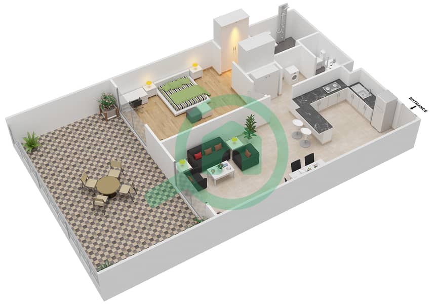 المخططات الطابقية لتصميم الوحدة 104 شقة 1 غرفة نوم - فينسيتور بوليفارد interactive3D