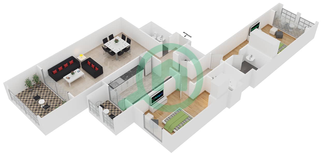 Layan - 2 Bedroom Apartment Type 1 Floor plan interactive3D