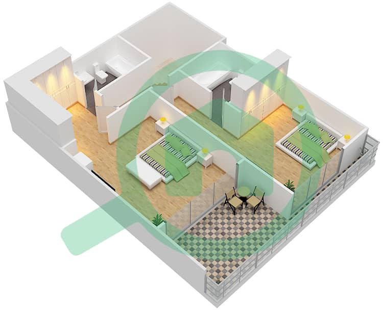 المخططات الطابقية لتصميم النموذج C شقة 2 غرفة نوم - غولف تراس interactive3D