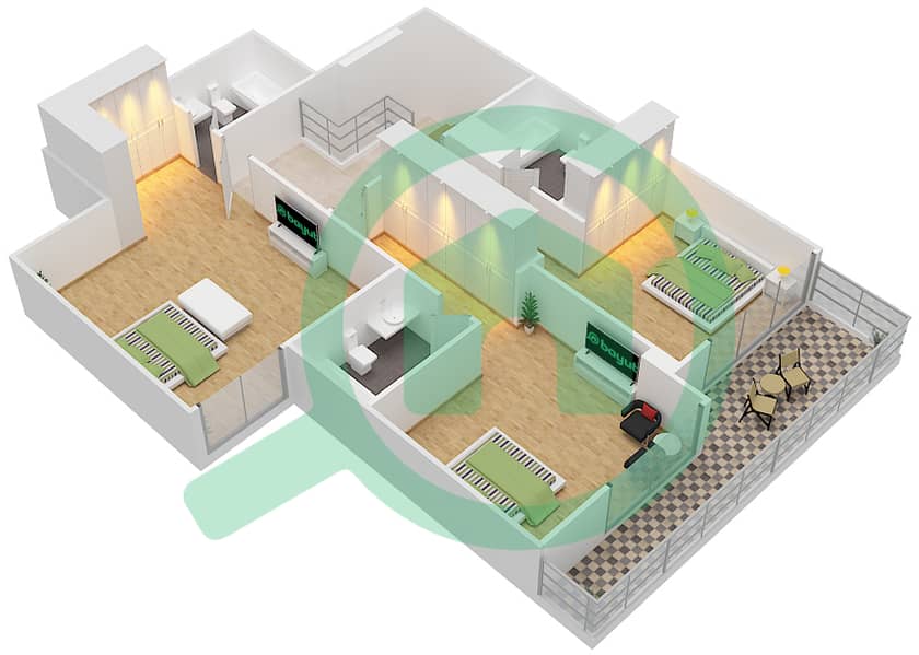 Гольф Террас - Апартамент 3 Cпальни планировка Тип H interactive3D