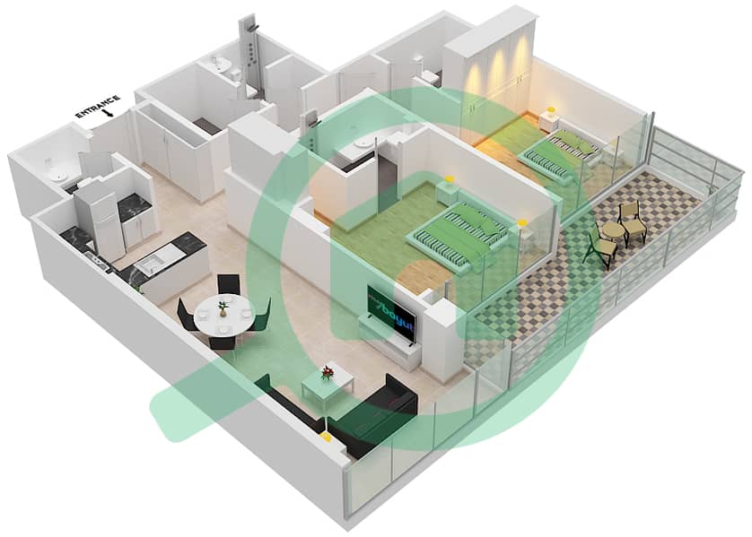 المخططات الطابقية لتصميم الوحدة 10 شقة 2 غرفة نوم - Golf Terrace A Floor 2 interactive3D