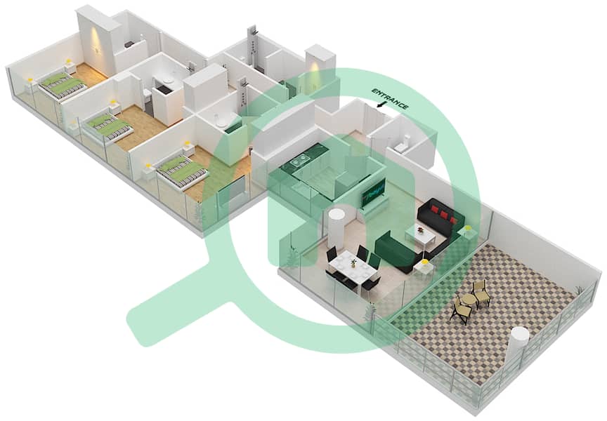 المخططات الطابقية لتصميم الوحدة 1 FLOOR 6 شقة 3 غرف نوم - Golf Terrace A Floor 6 interactive3D