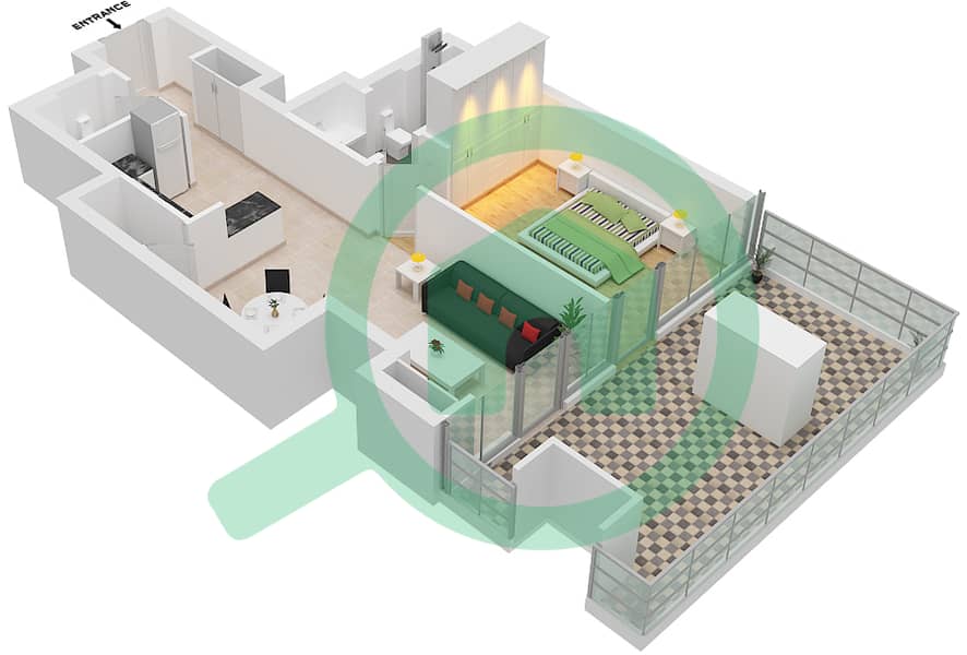 المخططات الطابقية لتصميم النموذج 2 شقة 1 غرفة نوم - جاي ون interactive3D