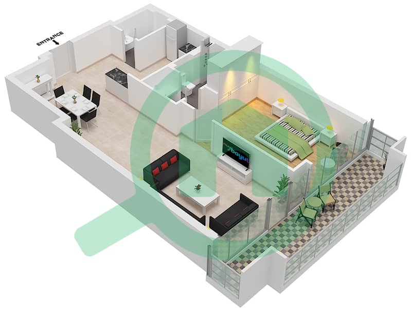 المخططات الطابقية لتصميم النموذج 12 شقة 1 غرفة نوم - جاي ون interactive3D