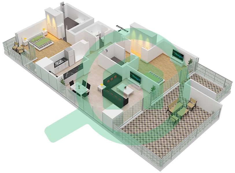 المخططات الطابقية لتصميم النموذج 1 شقة 2 غرفة نوم - جاي ون interactive3D