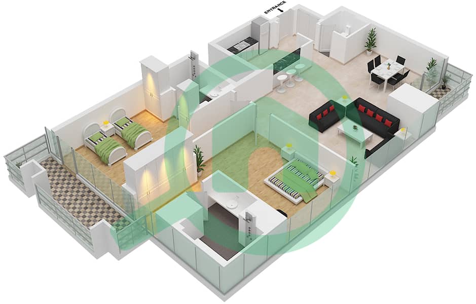 Джей Уан - Апартамент 2 Cпальни планировка Тип 2 interactive3D
