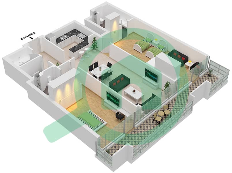 المخططات الطابقية لتصميم النموذج 3 شقة 2 غرفة نوم - جاي ون interactive3D