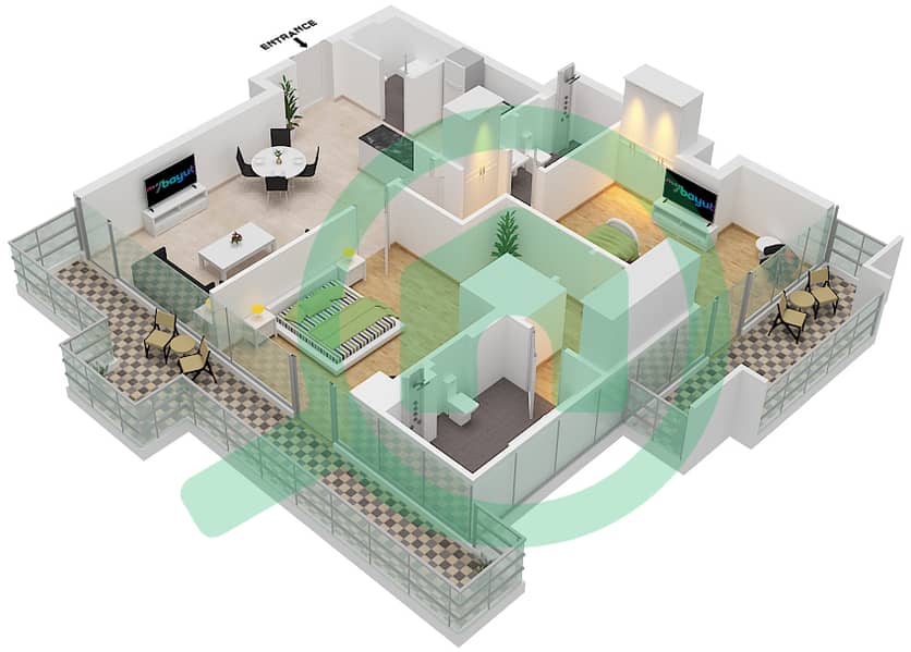 المخططات الطابقية لتصميم النموذج 5 شقة 2 غرفة نوم - جاي ون interactive3D