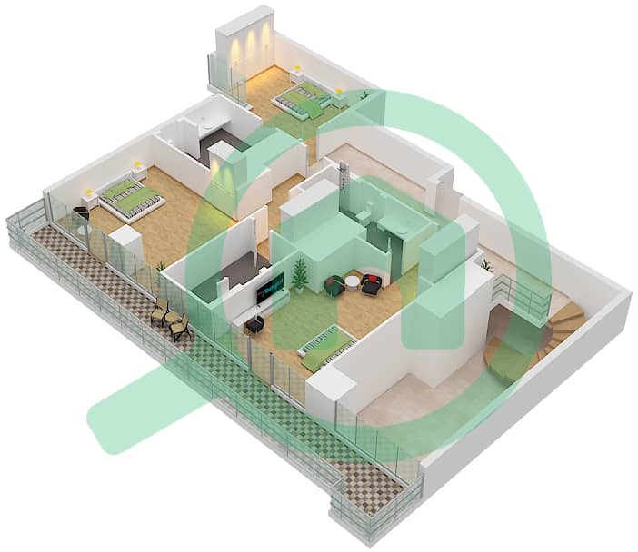 المخططات الطابقية لتصميم النموذج 1 شقة 3 غرف نوم - جاي ون Second Floor interactive3D