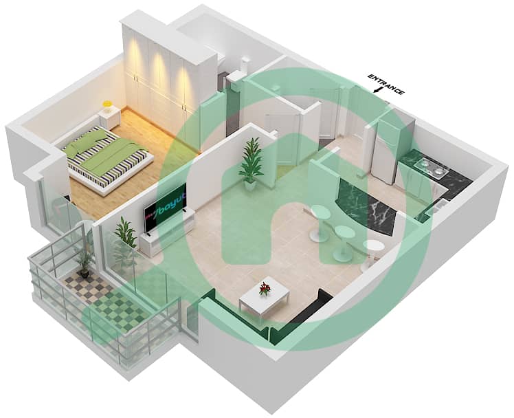 المخططات الطابقية لتصميم النموذج 01 شقة 1 غرفة نوم - جاي ون interactive3D