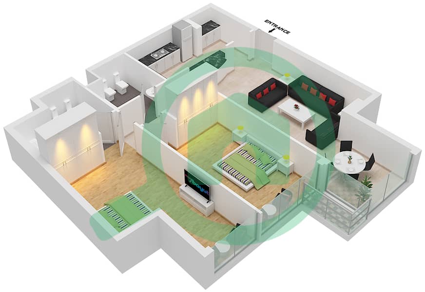 المخططات الطابقية لتصميم النموذج 01 شقة 2 غرفة نوم - جاي ون interactive3D