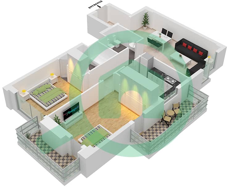 Джей Уан - Апартамент 2 Cпальни планировка Тип 2A interactive3D