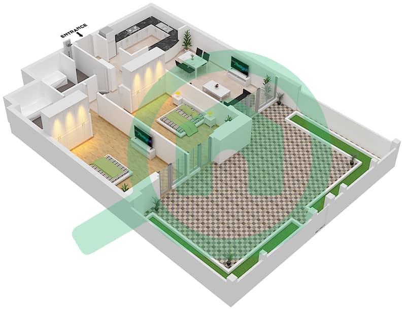 المخططات الطابقية لتصميم النموذج 03 شقة 2 غرفة نوم - جاي ون interactive3D