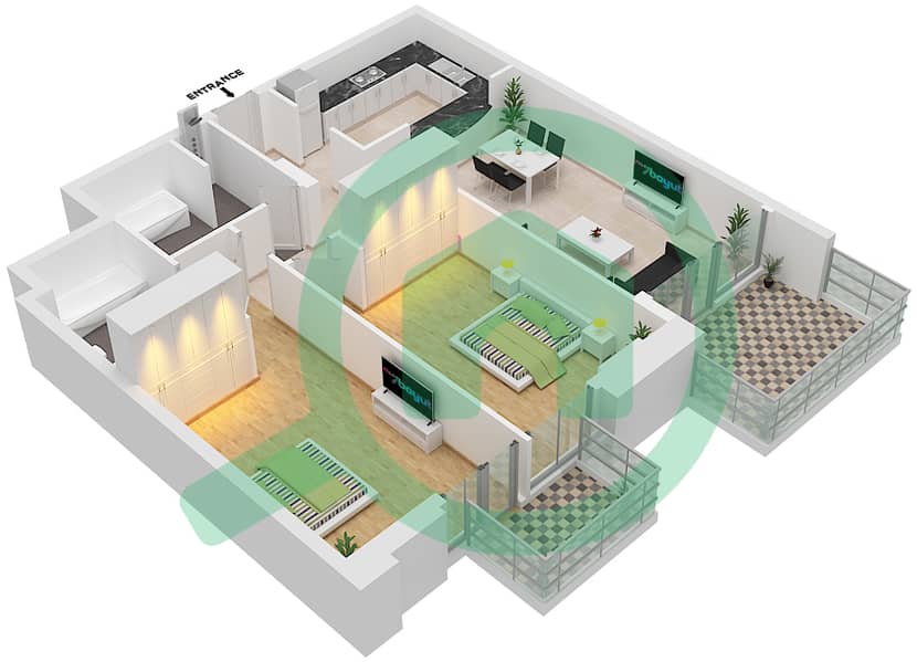 J第一大厦 - 2 卧室公寓类型3A戶型图 interactive3D