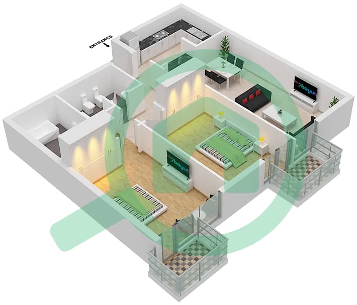 المخططات الطابقية لتصميم النموذج 04 شقة 2 غرفة نوم - جاي ون interactive3D
