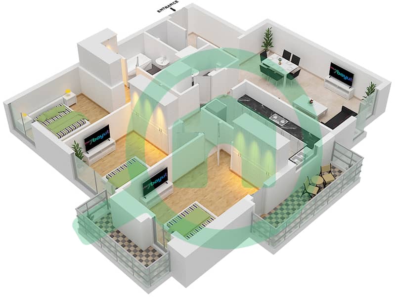 المخططات الطابقية لتصميم النموذج 01 شقة 3 غرف نوم - جاي ون interactive3D