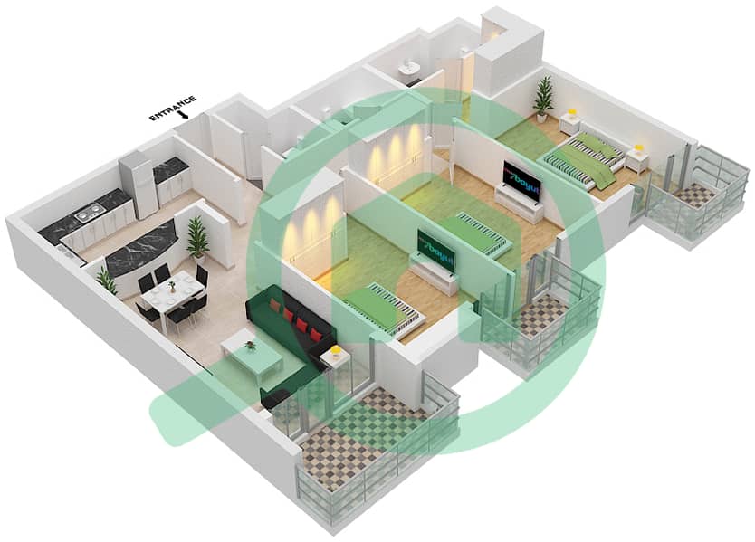 Джей Уан - Апартамент 3 Cпальни планировка Тип 02 interactive3D