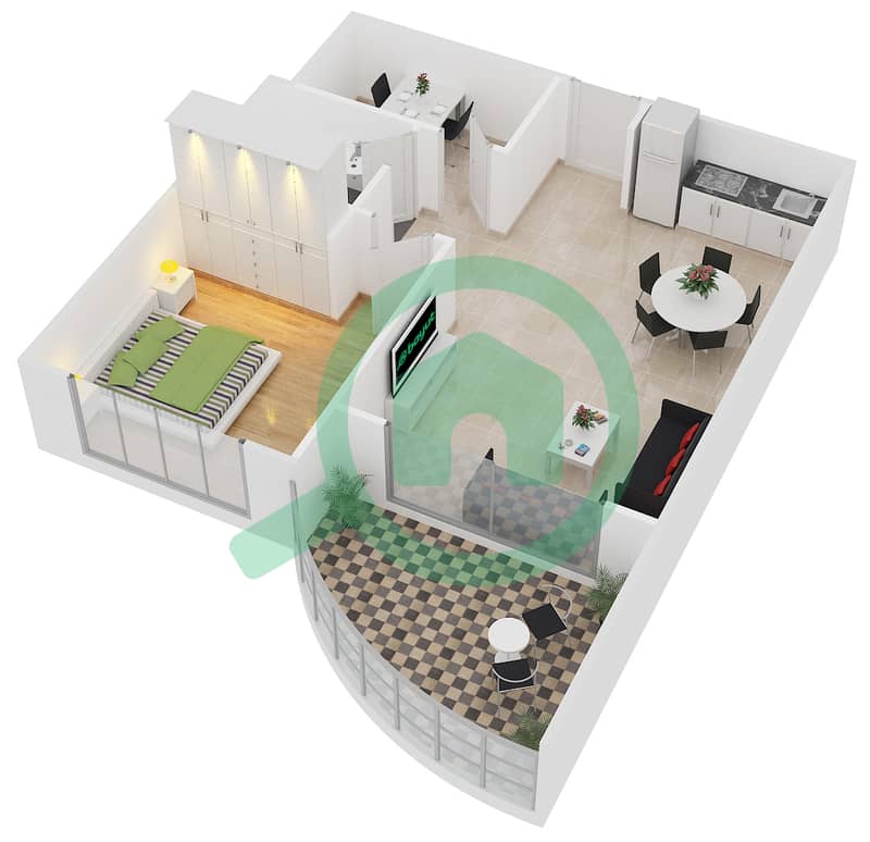 骑士桥阁综合大楼 - 1 卧室公寓单位T-22戶型图 interactive3D