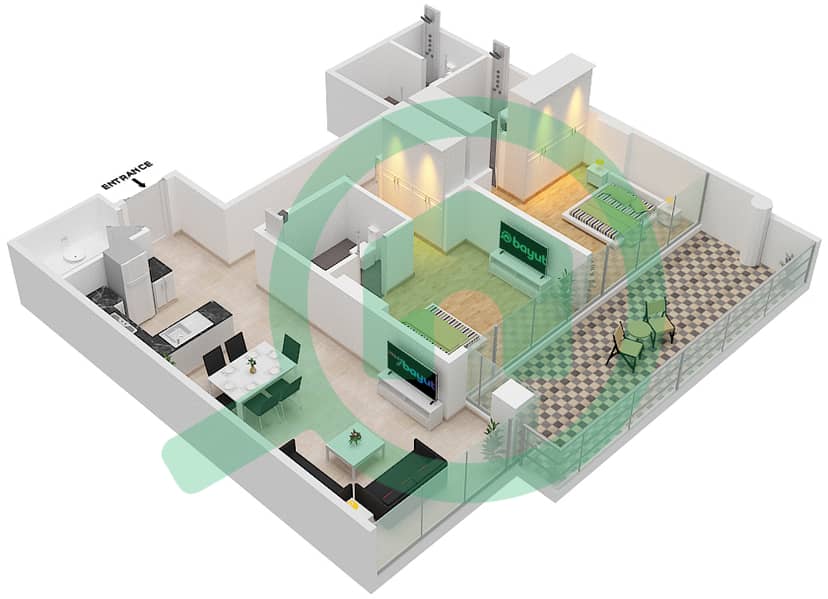 المخططات الطابقية لتصميم الوحدة 8 FLOOR 6-7 شقة 2 غرفة نوم - Golf Terrace A Floor 6-7 interactive3D