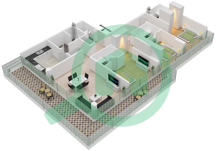 المخططات الطابقية لتصميم الوحدة 2 FLOOR 7 شقة 3 غرف نوم - Golf Terrace A Floor 7 interactive3D