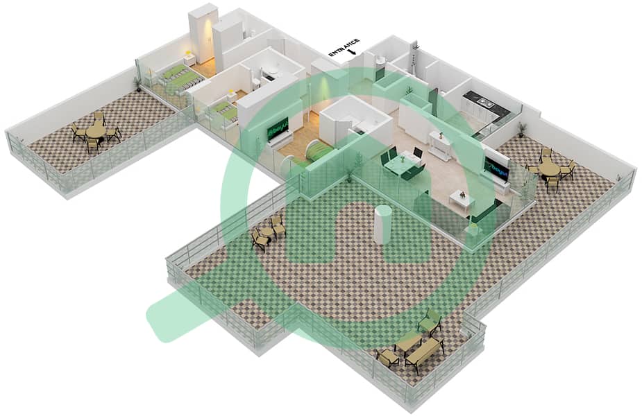 المخططات الطابقية لتصميم الوحدة 2  FLOOR 2 شقة 3 غرف نوم - غولف تراسB Floor 2 interactive3D
