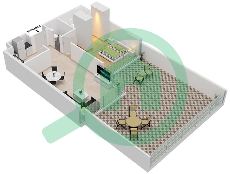 المخططات الطابقية لتصميم الوحدة 3  FLOOR 2 شقة 1 غرفة نوم - غولف تراسB Floor 2 interactive3D