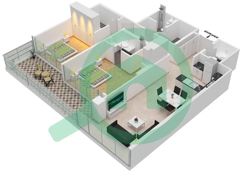 المخططات الطابقية لتصميم الوحدة 10 FLOOR 2 شقة 2 غرفة نوم - غولف تراسB Floor 2 interactive3D