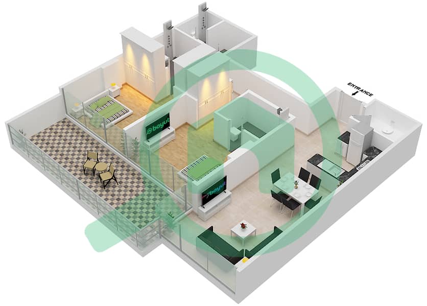 المخططات الطابقية لتصميم الوحدة 7 FLOOR 8 شقة 2 غرفة نوم - غولف تراسB interactive3D