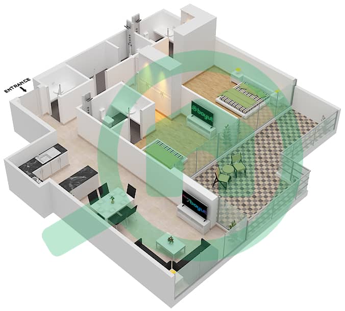 المخططات الطابقية لتصميم الوحدة 4 FLOOR 6-7 شقة 2 غرفة نوم - غولف تراسB Floor 6-7 interactive3D