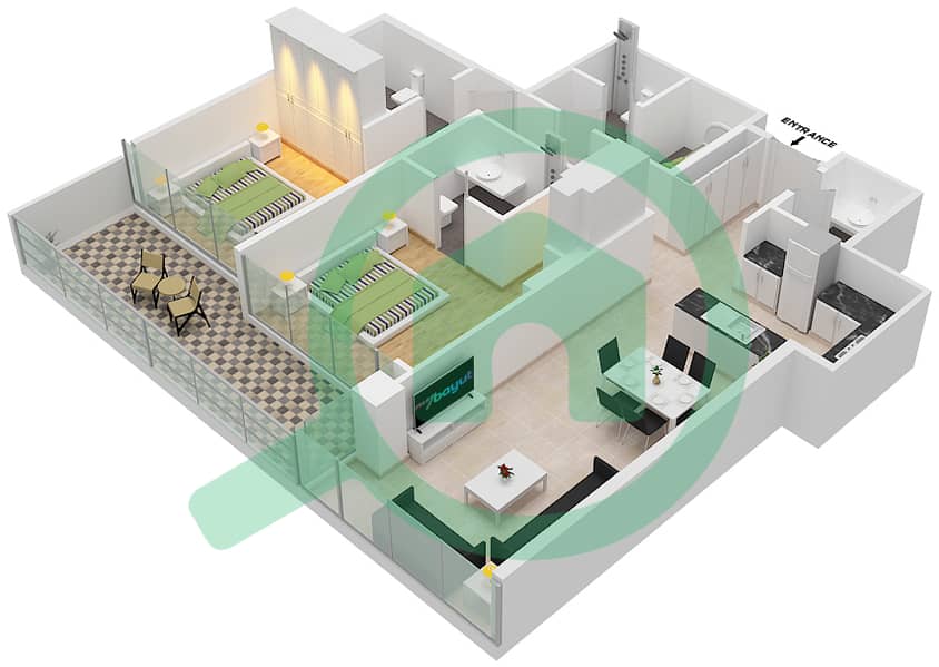 المخططات الطابقية لتصميم الوحدة 11 FLOOR 3-5 شقة 2 غرفة نوم - غولف تراسB Floor 3-5 interactive3D