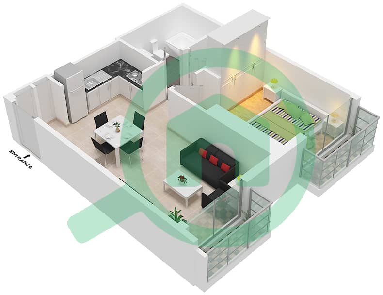 皇冠大厦 - 1 卧室公寓类型／单位A1/3戶型图 Floor 1-2 interactive3D