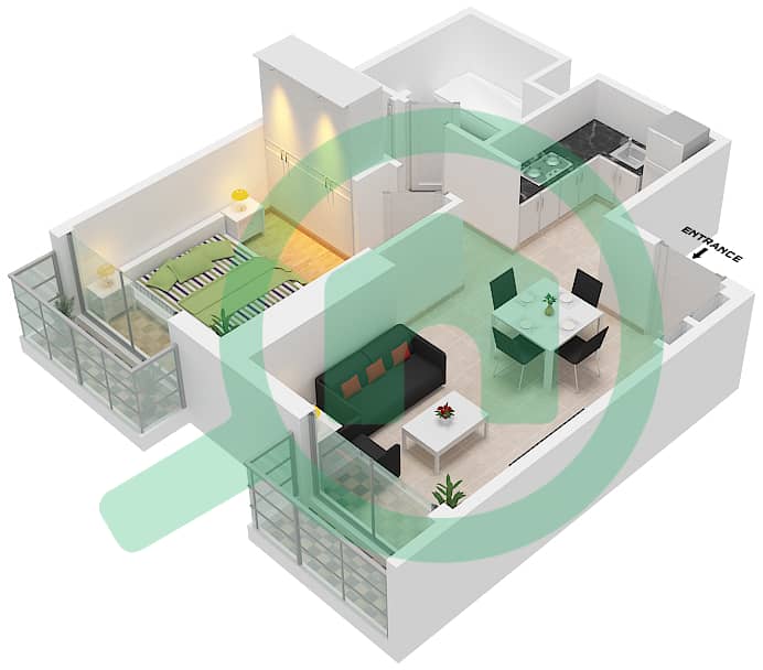 皇冠大厦 - 1 卧室公寓类型／单位B1/4戶型图 Floor 1-2 interactive3D
